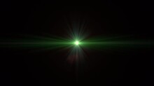 Center Glow Green Star Rays Lights Optical Lens Flares Shine Long Arm Animation Art On Black Abstract Background.Isolate Alpha Channel Proress 444