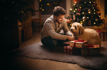 Wall Mural - man with a dog opens christmas presents