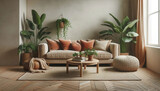 Fototapeta  - Beige velvet sofa with terra cotta cushions between houseplants. Wooden round coffee table near ottoman on knitted rug. Scandinavian interior design of modern living room