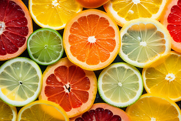 Wall Mural - illustration of citrus fruit slices background. Created with Generative AI