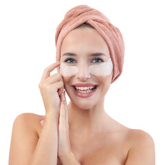 skincare. very happy young woman laughing, applying cosmetic eye patches mask, reduces wrinkles, wea