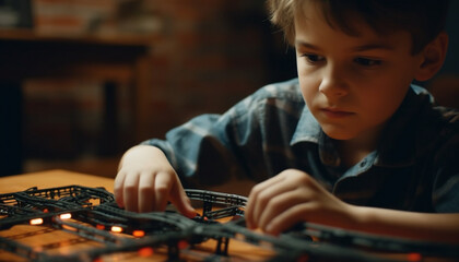 Sticker - One boy only, concentrating on repairing equipment with technology generated by AI