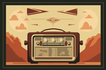 Radio old fashioned illustration, retro wall background. World Radio Day concept, copy space