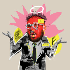 Wall Mural - Street style art. Businessman with questioning emotions with colorful doodles. Who am i. Contemporary art collage. Concept of business, achievement, occupation, surrealism. Colorful design