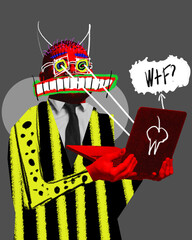 Wall Mural - Man looking on laptop with misunderstanding. Unexpected errors, fixing problems and mistakes. Contemporary art collage. Concept of business, achievement, occupation, surrealism. Colorful design