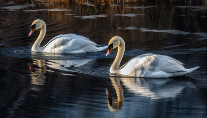 Sticker - Majestic swan swimming in tranquil pond, reflecting natural beauty generated by AI