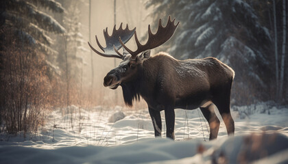 Horned elk in winter forest, majestic beauty in nature tranquility generated by AI