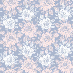  Seamless damask pattern, delicate rose flowers on a light background. Pastel colors. Background, print, textile, vector