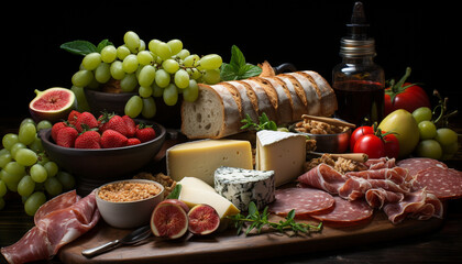 Wall Mural - A rustic buffet table with gourmet meat and cheese variations generated by AI