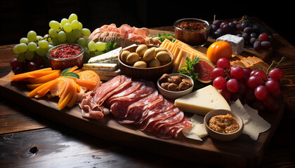 Wall Mural - Rustic table, gourmet meal prosciutto, cheese, grapes, and wine generated by AI