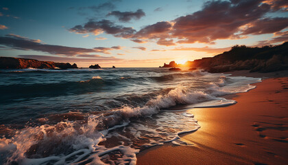 Poster - Sunset over the coastline, waves crash on sandy beach generated by AI