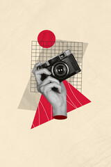 Poster - Vertical creative photo composite collage of hand hold vintage camera making pictures in social media isolated on beige color background