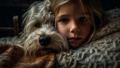 Poster - Caucasian child embraces cute terrier puppy in indoor studio shot generated by AI