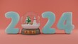 3d rendering of a New Year's 3d illustration. New Year's date 2024 and a crystal snow globe with a Christmas tree and a snowman. Festive Christmas illustration for postcards