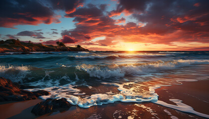 Wall Mural - Sunset over the water, tranquil scene, reflecting the beauty of nature generated by AI