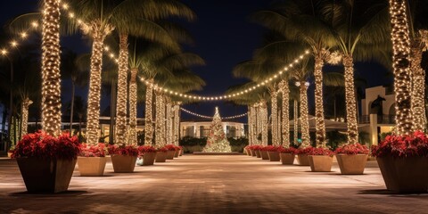 Wall Mural - Palm trees with christmas lights. AI Generated