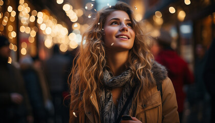 Wall Mural - Young woman smiling, enjoying the winter night in the city generated by AI