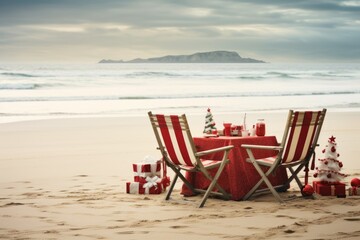 Wall Mural - christmas dinner romantic table setting on the beach. AI Generated