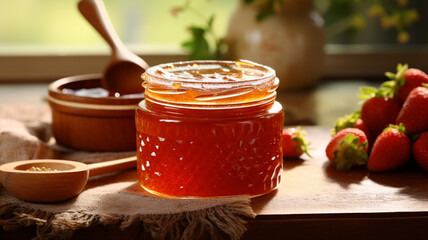 Wall Mural - fresh strawberry syrup in glass jar on dark background