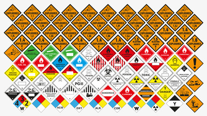 Wall Mural - Signs of dangerous goods. Warning sign. Hazard transportation icons.