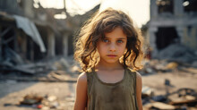 Portrait Of A Little Girl Against The Backdrop Of A Bombed City