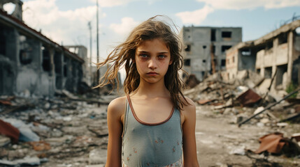portrait of a little girl against the backdrop of a bombed city