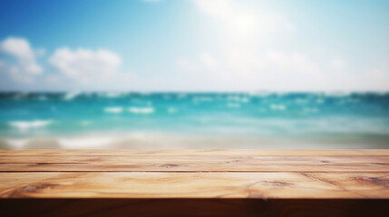 Poster - Wood table top on blur sea water and summer sky background