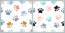 Seamless Pattern Cute Animal Footprint. Paw Print Pastel Background. Design For Kids Apparel, Cards, Fabric, Wallpaper. Vector Illustration