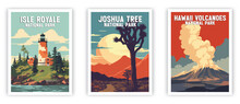 Hawaii Volcanoes, Isle Royale, Joshua Tree, National Park Illustration Art. Travel Poster Wall Art. Minimalist Vector art.