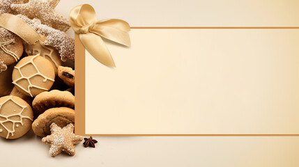 Wall Mural - Welcome beige and gold card or flyer. Christmas assorted cookies are framed by a graphic rectangular frame decorated with a gold ribbon with a bow for easy text insertion.