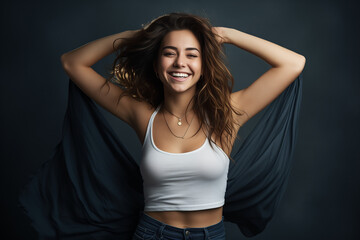 Photo of cute overjoyed satisfied girl dancing accomplishment isolated on aquamarine color background