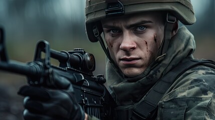 close up of soldier holding a gun war game