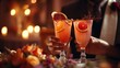 Man and woman with glasses of tasty cocktail on blurred background, closeup