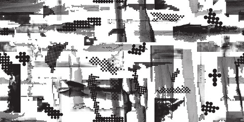 Glitch distorted grungy abstract forms . Halftone dots seamless pattern texture. Grange shapes .Grunge textured . Vector shapes with half tone dots .Screen print endless pattern texture