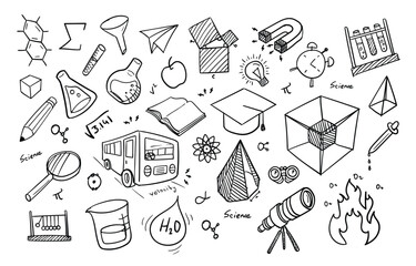 set of hand drawn education and science doodle, vintage sketch, physics chemistry biology icons