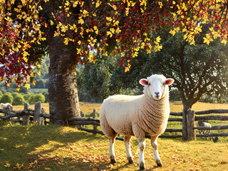 Canvas Print - Autumn Countryside Landscape with Sheeps