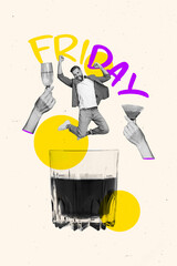 Poster - Vertical creative collage photo of young positive man funny jumping in glass cocktail whisky at friday party isolated on beige background