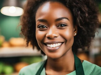 Sticker - Black beautiful smiling happy brunette curvy hair woman, face closeup portrait, working at grocery store, wearing green apron. Healthy market concept