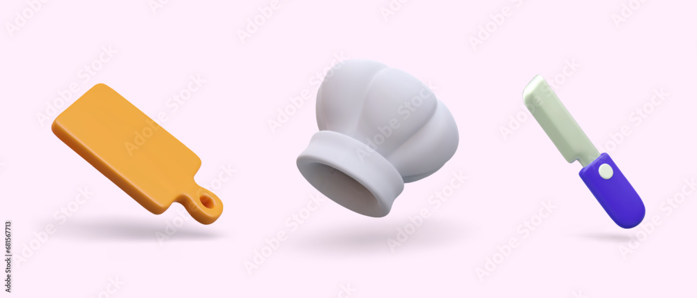 Set of food cutting board, white chef hat and knife with plastic handle ...