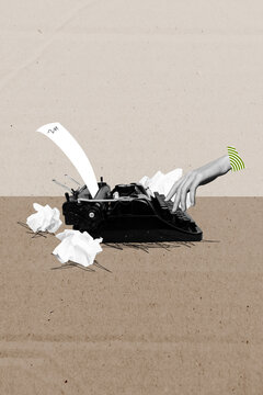 Composite collage picture image of hand typing retro typewriter write novel secretary screenwriter idea text fantasy billboard comics zine