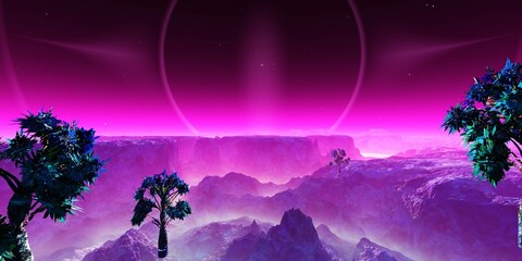 Wall Mural - alien landscape, fantastic mountains on an alien surface, star rising in the fog of an alien landsca