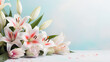 Easter lillies and colorful decorated easter eggs on a light pastel background. AI generative
