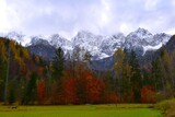 Fototapeta Do pokoju - View of Špik mountain range covered in snow above Gozd Martuljek with red autumn colored trees in Gorenjska, Slovenia