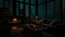 Rain On Window Storm In Forest At Night Cozy Rainy Cabin Bedroom Ambience With Fireplace And Forest View3