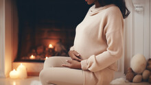 A Beautiful African American Pregnant Woman Is Sitting In A White Sweater In Front Of The Fireplace.