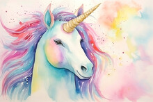 Unicorn Watercolor Background. Cute Adorable Unicorn Card