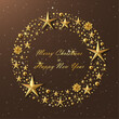 Brown christmas background with gold stars and balls.	