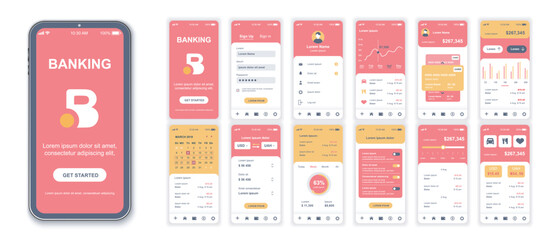 Aufkleber - Banking mobile app interface screens template set. Account login, financial statistics, credit card management, calendar, transfers. Pack of UI, UX, GUI kit for application web layout. Vector design.