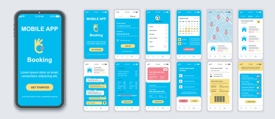 Poster - Booking mobile app interface screens template set. Account login, calendar, map locations, searching hotel room, flight ticket order. Pack of UI, UX, GUI kit for application web layout. Vector design.
