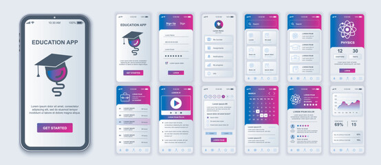 Wall Mural - Education mobile app interface screens template set. Account login, study list, physics lesson and test, progress data, calendar. Pack of UI, UX, GUI kit for application web layout. Vector design.